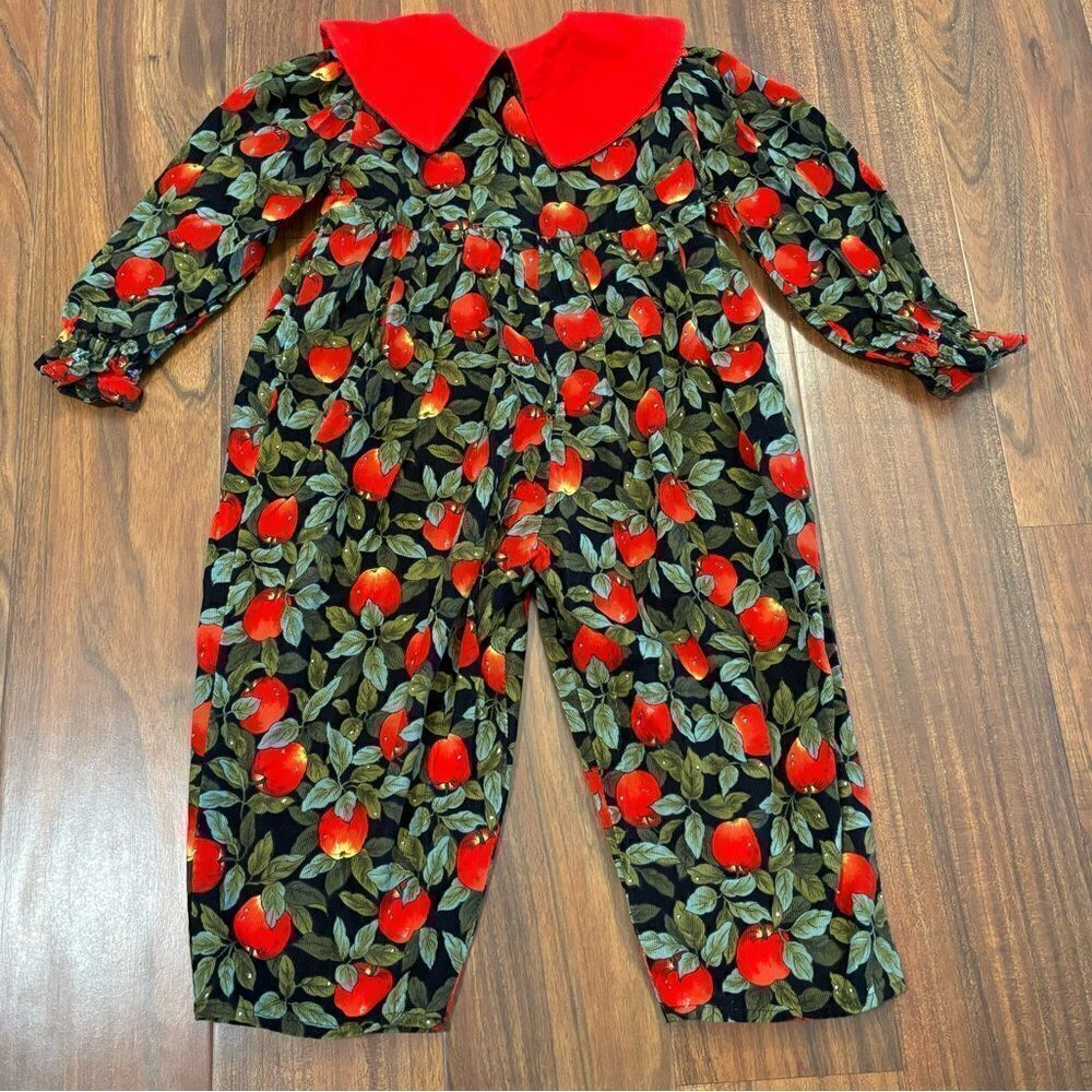 Red/green apple print lightweight corduroy vintage jumpsuit